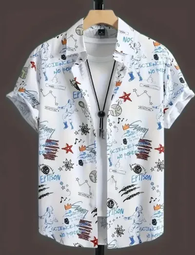 Men's Casual Halloween Digital Print Short-Sleeve Shirt with Turn-Down Collar