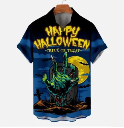 Men's Casual Halloween Digital Print Short-Sleeve Shirt with Turn-Down Collar