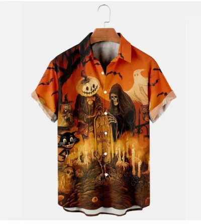 Men's Casual Halloween Digital Print Short-Sleeve Shirt with Turn-Down Collar