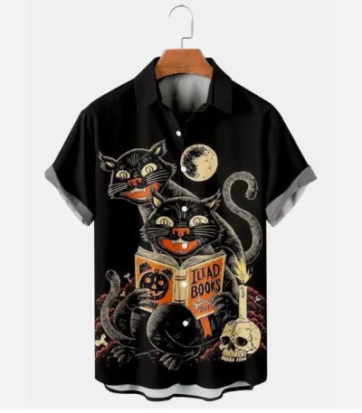 Men's Casual Halloween Digital Print Short-Sleeve Shirt with Turn-Down Collar