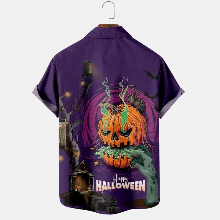 Men's Casual Halloween Digital Print Short-Sleeve Shirt with Turn-Down Collar