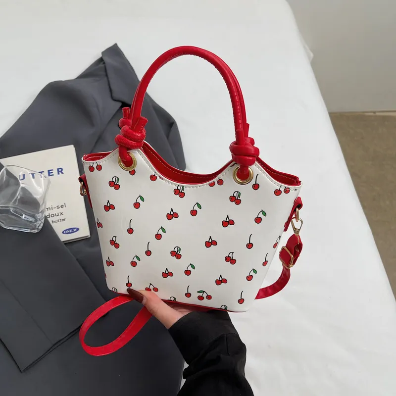 Women Fashion Cute Cherry Printed Bucket Handbag