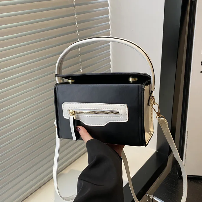 Women Fashion Casual Contrast Color Zipper Large Capacity Small Square Handbag