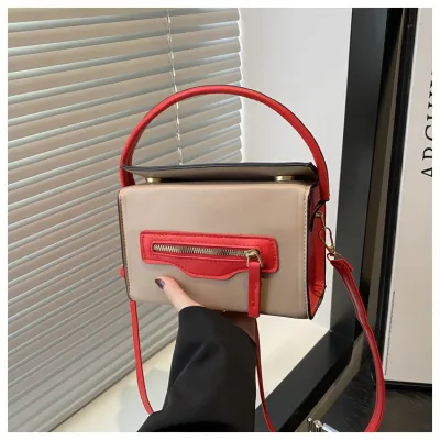 Women Fashion Casual Contrast Color Zipper Large Capacity Small Square Handbag