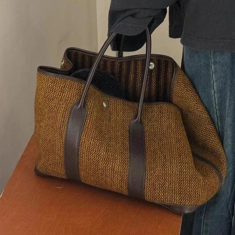 Women Fashion Casual Retro Woven Large Capacity Tote Handbag