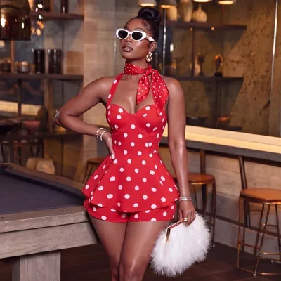 Women Fashion Sexy Polka Dot Print Halter-Neck Lace-Up Rompers
