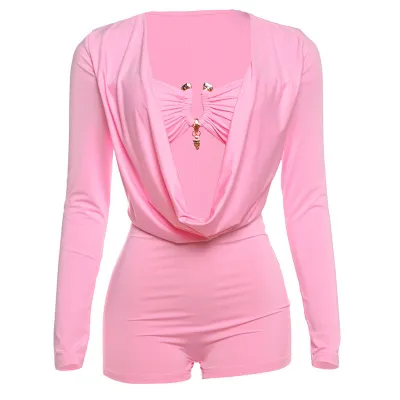 Women Fashion Sexy Spring And Summer Street Solid Color Deep V-Neck Long-Sleeve Slim-Fit Rompers