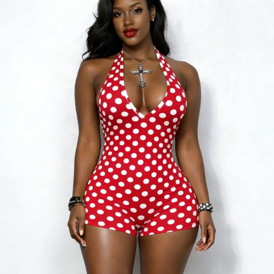 Women Fashion Sexy Polka Dot Print Halter-Neck Slim-Fit Stretch Rompers