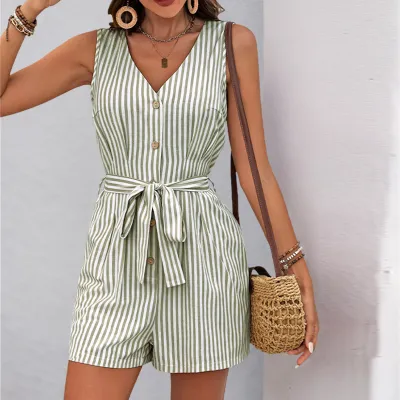 Women Fashion Casual Summer Stripe V-Neck Sleeveless Lace-Up Loose Rompers