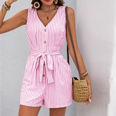 Women Fashion Casual Summer Stripe V-Neck Sleeveless Lace-Up Loose Rompers