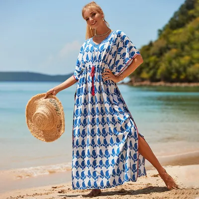 Women Fashion Casual Summer Printed Short-Sleeve Loose Swimsuit Cover-Ups
