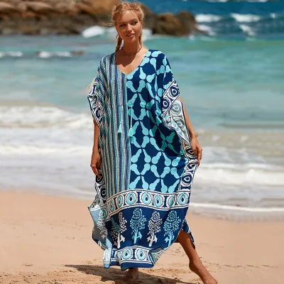 Women Fashion Casual Summer Printed Short-Sleeve Loose Swimsuit Cover-Ups