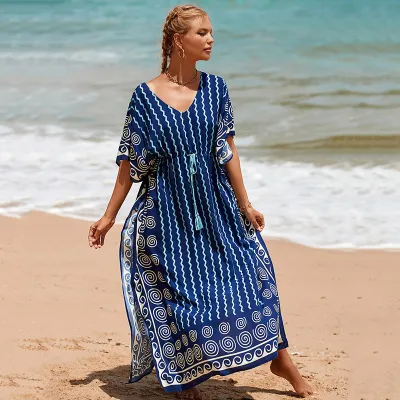 Women Fashion Casual Summer Printed Short-Sleeve Loose Swimsuit Cover-Ups