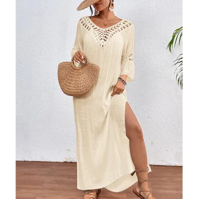 Women Fashion Casual Boho Hand Hook Stitching Colored Ball Hollow Backless Long-Sleeve Loose Swimsuit Cover-Ups