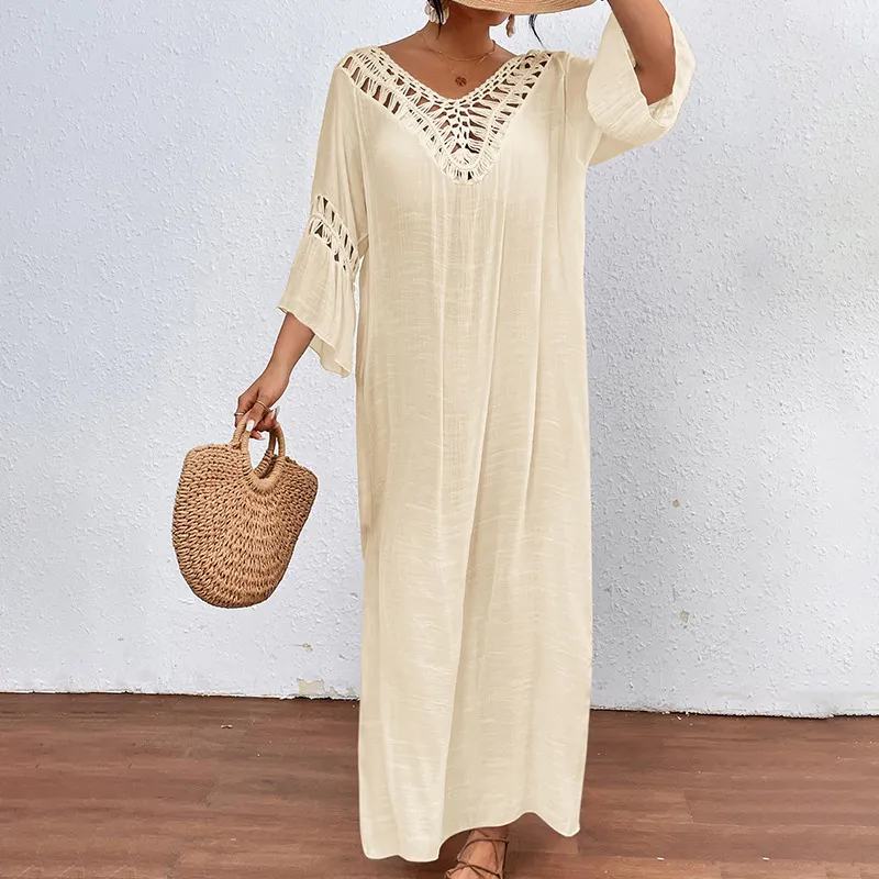 Women Fashion Casual Boho Hand Hook Stitching Colored Ball Hollow Backless Long-Sleeve Loose Swimsuit Cover-Ups
