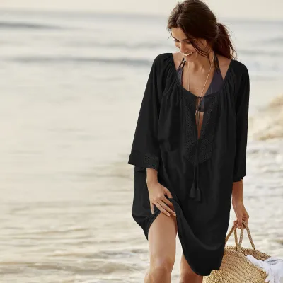 Women'S Fashion Casual Cotton Solid Color Lace Long-Sleeve Loose Swimsuit Cover-Ups