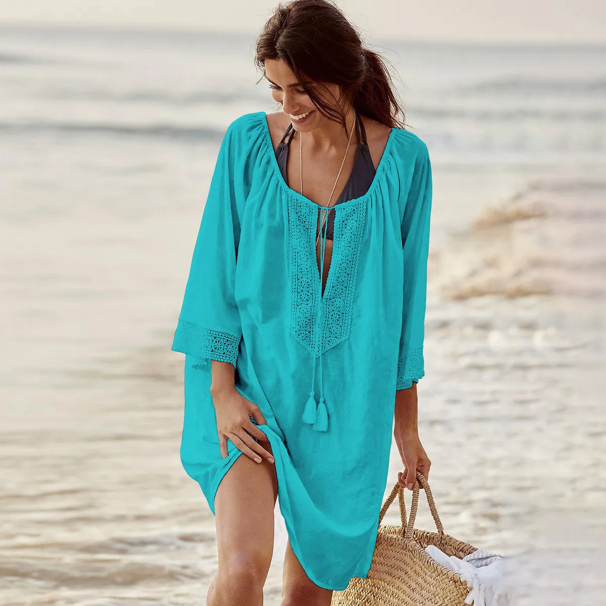 Women'S Fashion Casual Cotton Solid Color Lace Long-Sleeve Loose Swimsuit Cover-Ups