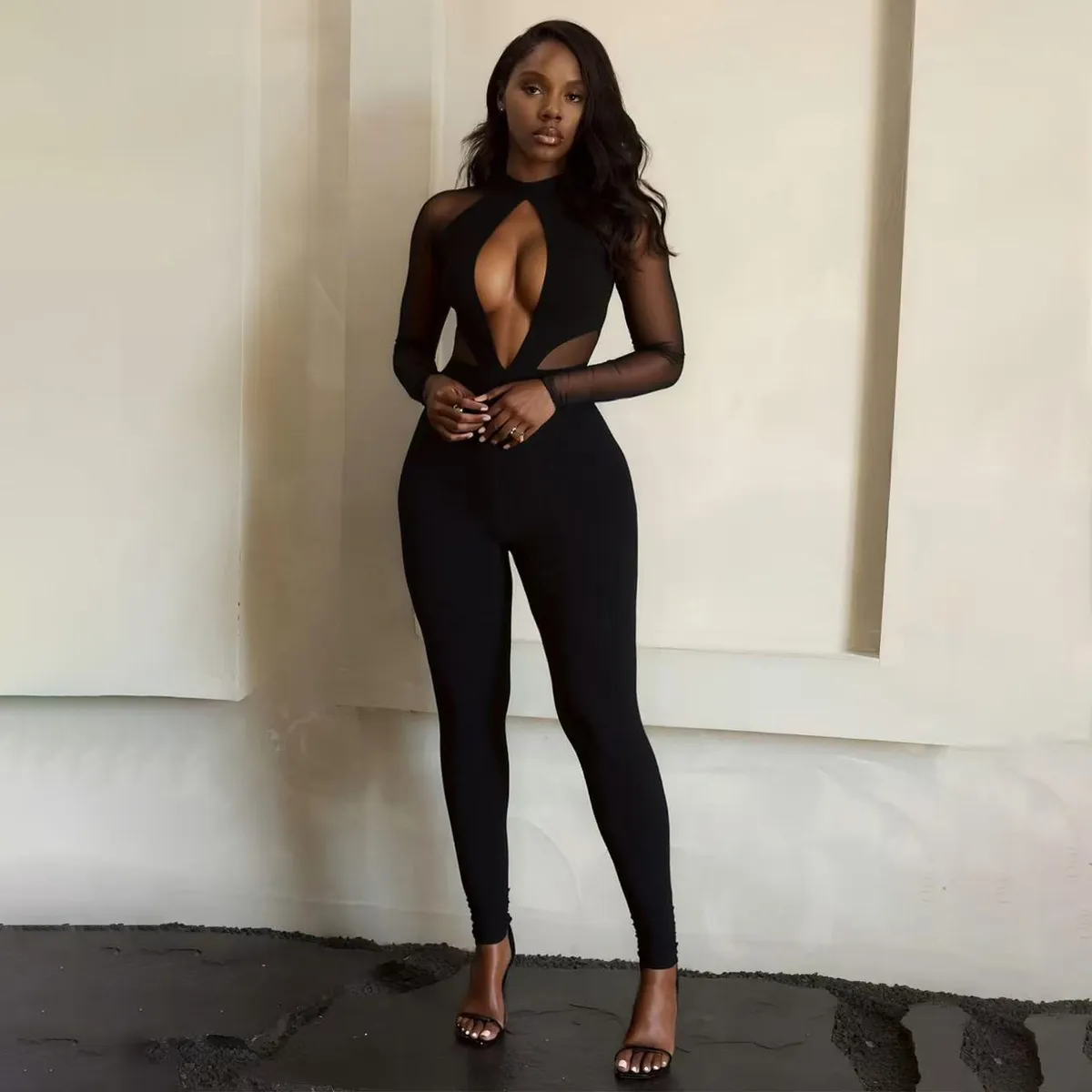Women Fashion Sexy Solid Color Hollow-Out Backless Deep V Long Sleeve Tight Jumpsuit