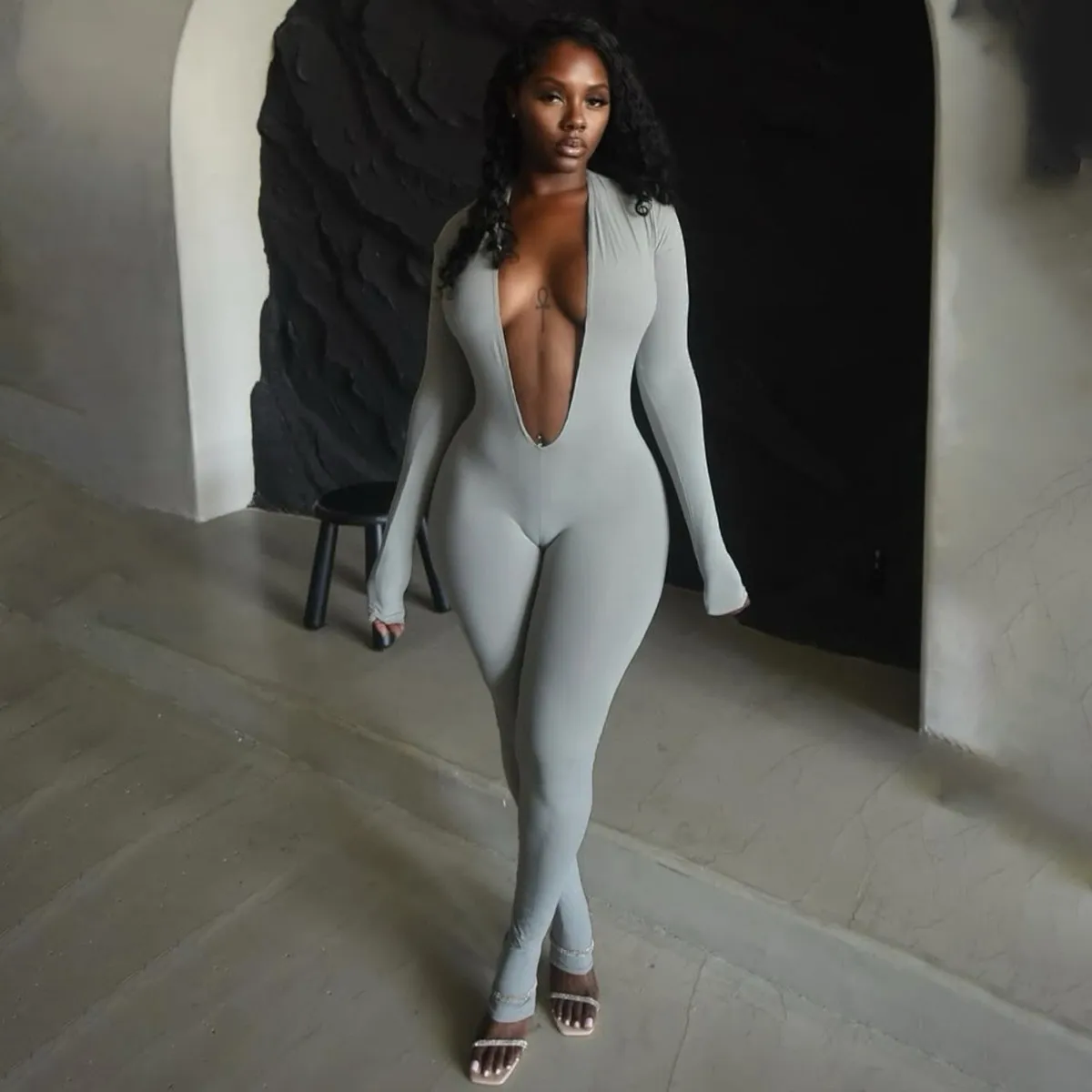 Women Fashion Sexy Solid Color Deep V-Neck Long Sleeve Backless Tight Jumpsuit
