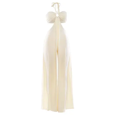 Women Fashion Sexy Summer Hollow Solid Color Hanging Neck Lace-Up Slim-Fit Jumpsuit