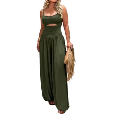 Women Fashion Casual Summer Solid Color Spaghetti Strap Waist Strap Backless Lace-Up Pleated Jumpsuit