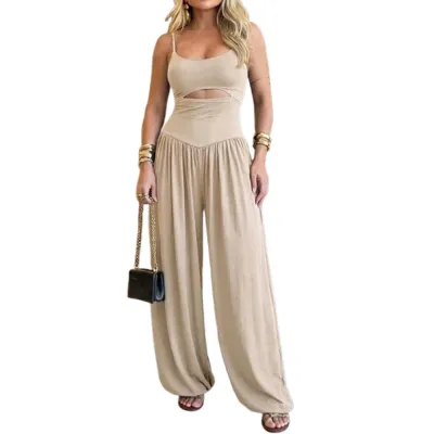 Women Fashion Casual Summer Solid Color Spaghetti Strap Waist Strap Backless Lace-Up Pleated Jumpsuit