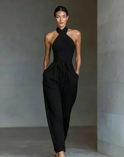 Women Fashion Elegant Solid Color Hanging Neck Cross Lace-Up Tight Waist Wide Leg Jumpsuit