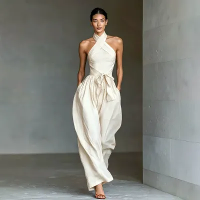 Women Fashion Elegant Solid Color Hanging Neck Cross Lace-Up Tight Waist Wide Leg Jumpsuit