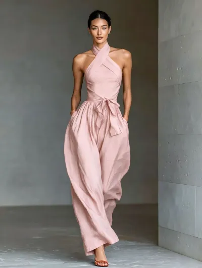Women Fashion Elegant Solid Color Hanging Neck Cross Lace-Up Tight Waist Wide Leg Jumpsuit