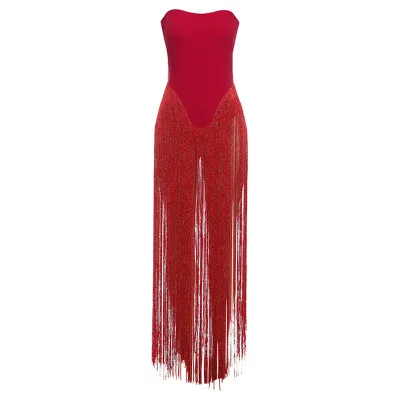 Women Fashion Sexy Summer Solid Color Tube Top Tight Tassel Patchwork Jumpsuit