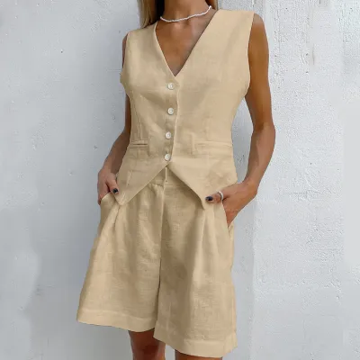 Women Fashion Casual Summer Solid Color Cotton And Linen Sleeveless Vest Loose Shorts Two-Piece Set