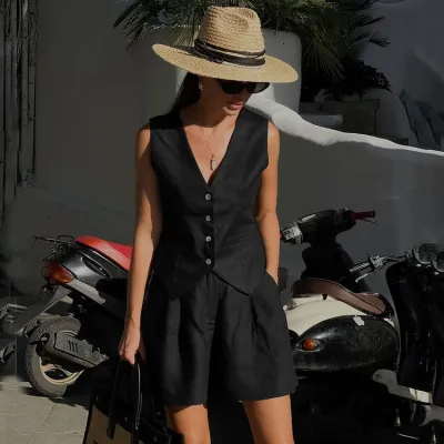 Women Fashion Casual Summer Solid Color Cotton And Linen Sleeveless Vest Loose Shorts Two-Piece Set