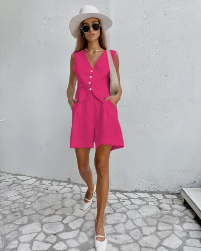 Women Fashion Casual Summer Solid Color Cotton And Linen Sleeveless Vest Loose Shorts Two-Piece Set