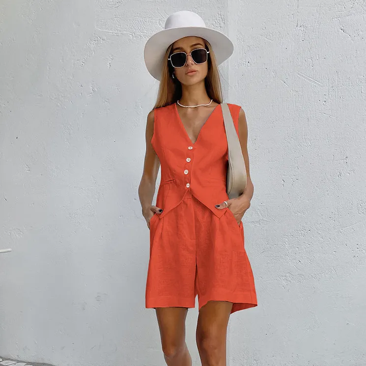 Women Fashion Casual Summer Solid Color Cotton And Linen Sleeveless Vest Loose Shorts Two-Piece Set