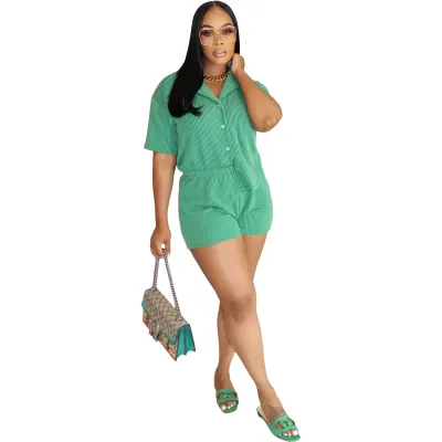 Women'S Fashion Casual Summer Solid Color Lapel Short-Sleeve Shirt Loose Shorts Two-Piece Set