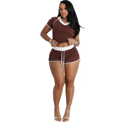 Women'S Fashion Casual Color Block High Elastic V-Neck Short-Sleeve T-Shirt Tight Shorts Two-Piece Set