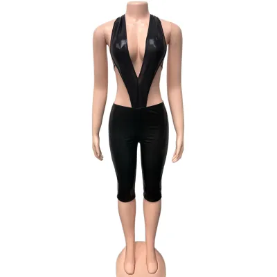 Women'S Fashion Sexy Solid Color Deep V Ice Silk Halter-Neck Backless Bodysuit Tight Shorts Two-Piece Set