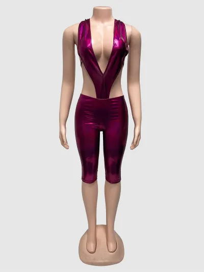 Women'S Fashion Sexy Solid Color Deep V Ice Silk Halter-Neck Backless Bodysuit Tight Shorts Two-Piece Set