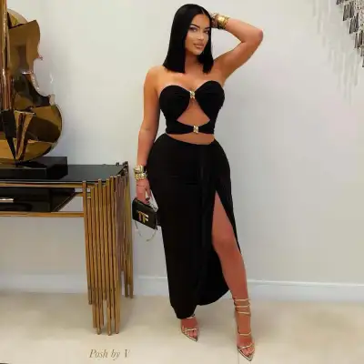 Women Fashion Sexy Solid Color Tube Top Maxi Split Skirt Two-Piece Set