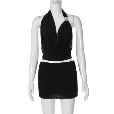 Women Fashion Sexy Solid Color Deep V-Stitched Mesh Halter-Neck Top Slim-Fit Perspective Mini Skirt Two-Piece Set