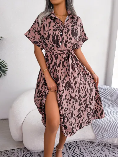 Spring And Summer Women Casual Loose Leopard Lapel Shirt Midi Dress