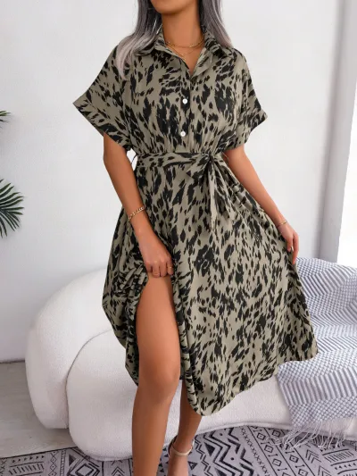 Spring And Summer Women Casual Loose Leopard Lapel Shirt Midi Dress