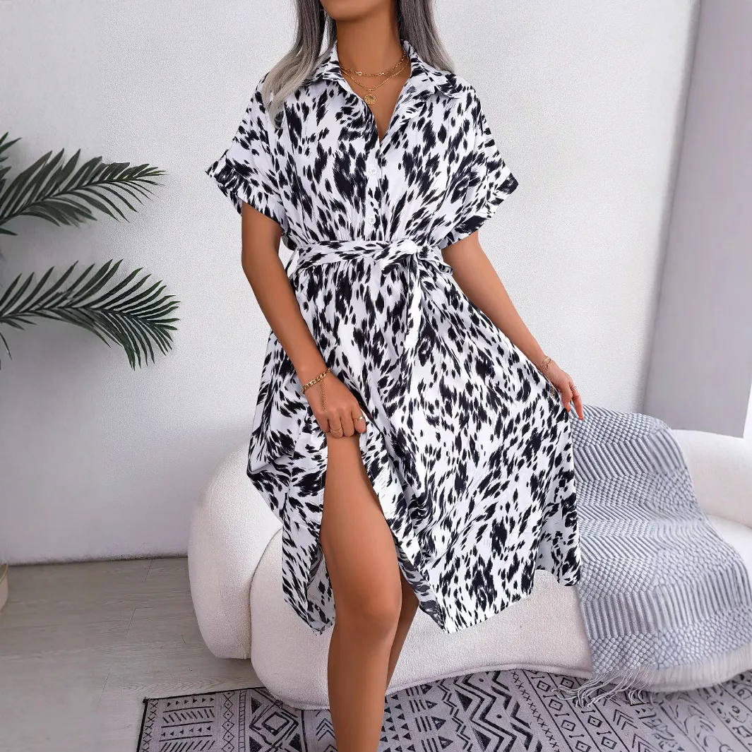 Spring And Summer Women Casual Loose Leopard Lapel Shirt Midi Dress