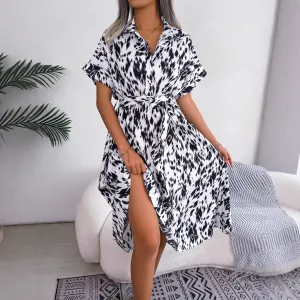 Spring And Summer Women Casual Loose Leopard Lapel Shirt Midi Dress
