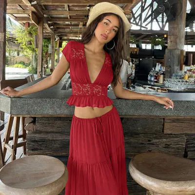 Women Fashion Sexy Solid Color Lace Chiffon Short-Sleeve T-Shirt Loose Perspective Maxi Skirt Two-Piece Set