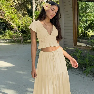 Women Fashion Sexy Solid Color Lace Chiffon Short-Sleeve T-Shirt Loose Perspective Maxi Skirt Two-Piece Set