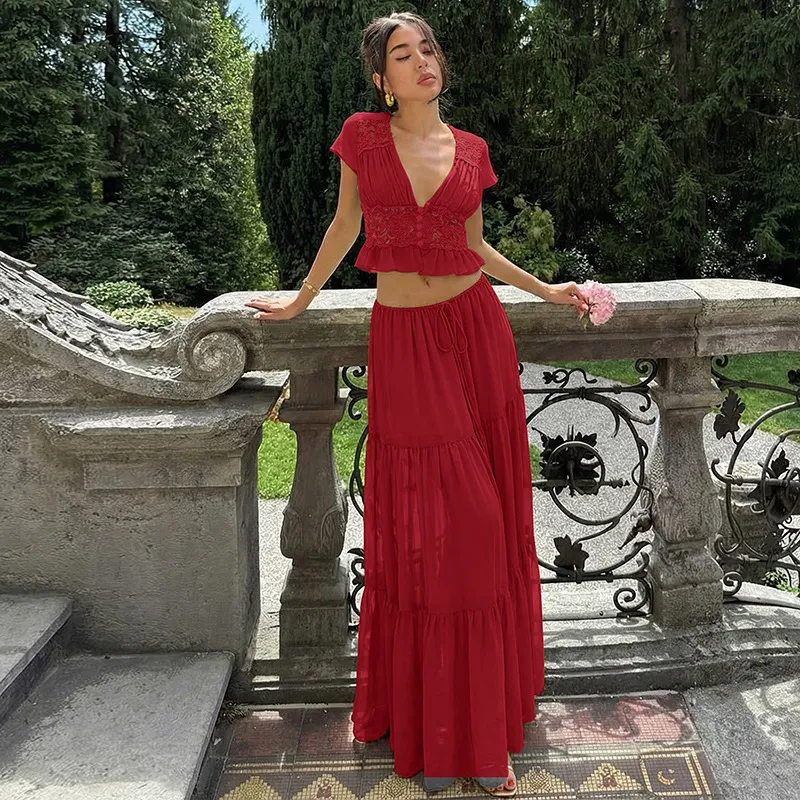 Women Fashion Sexy Solid Color Lace Chiffon Short-Sleeve T-Shirt Loose Perspective Maxi Skirt Two-Piece Set