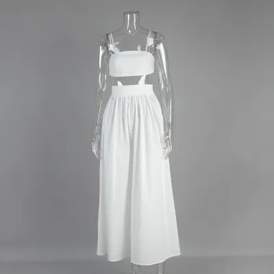 Women Fashion Sexy Solid Color Cotton Camisole Maxi Loose Skirt Two-Piece Set