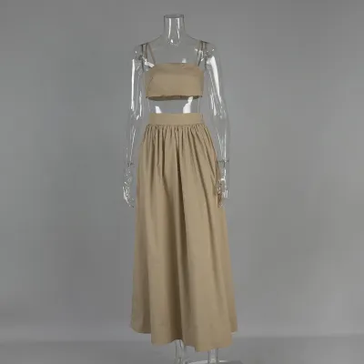 Women Fashion Sexy Solid Color Cotton Camisole Maxi Loose Skirt Two-Piece Set