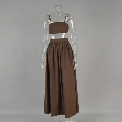 Women Fashion Sexy Solid Color Cotton Camisole Maxi Loose Skirt Two-Piece Set